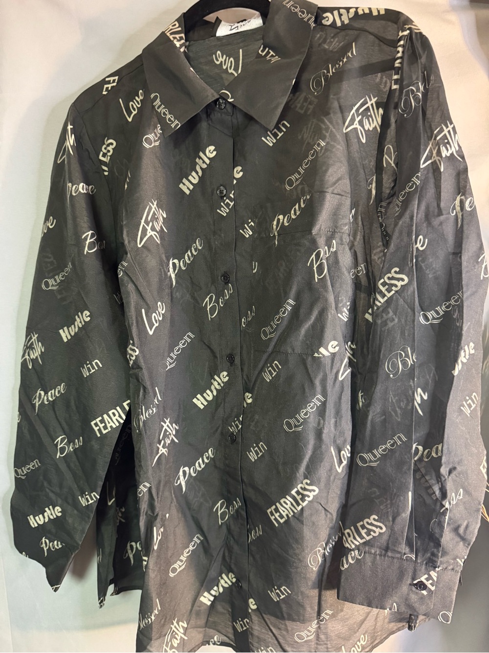 Black Printed Button-Up Sheer Blouse with Script Words